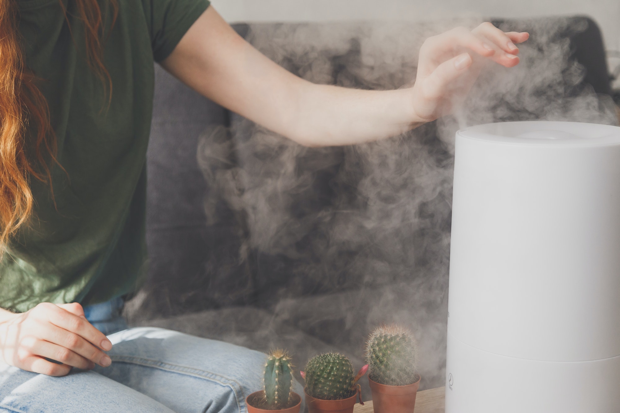 Healthy air. The humidifier distributes steam in the living room. Woman keeps hand over vapor