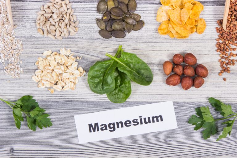 Inscription magnesium and healthy food containing natural magnesium and other vitamins and minerals