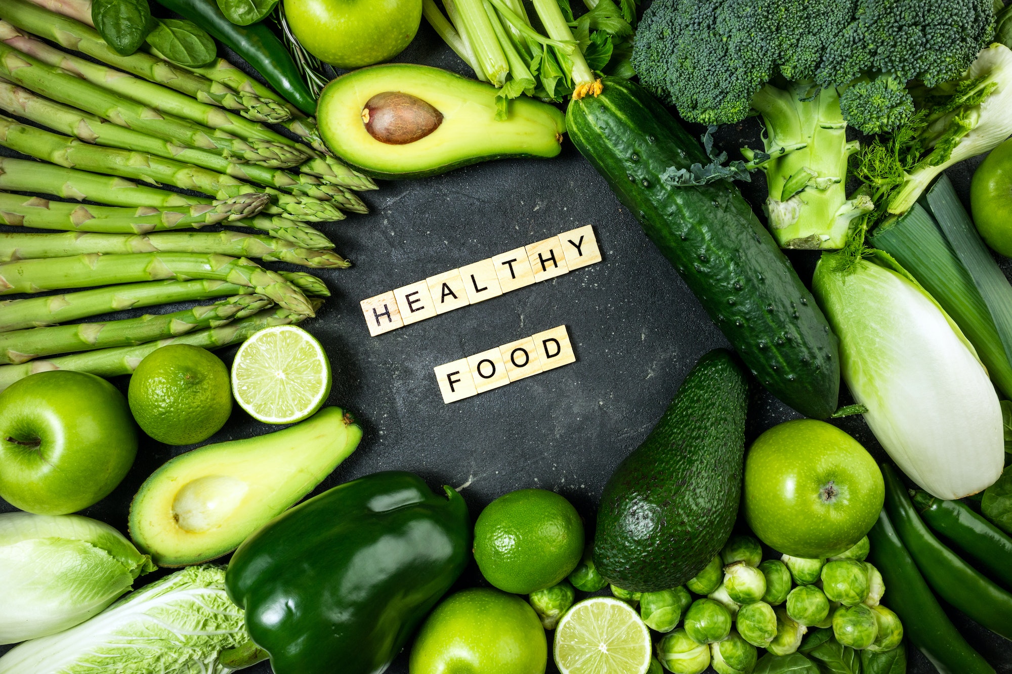 Healthy food. Varietes of green healthy food vegetables and fruits. Healthy eating, keto diet